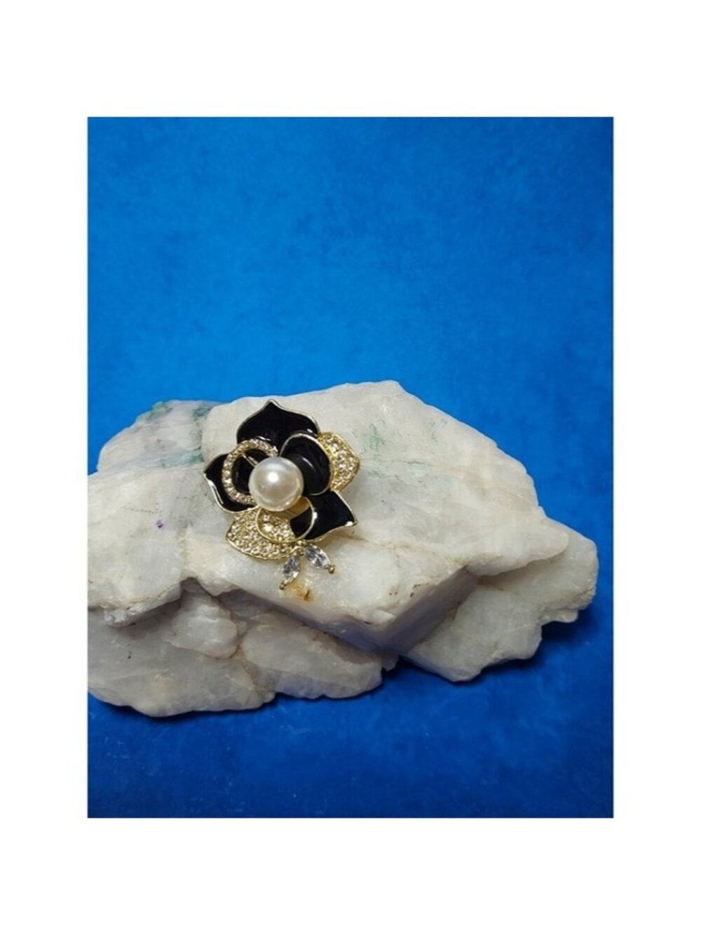 Gold-Tone Black Enamel Flower Brooch with Pearl Center - Picture 4 of 5